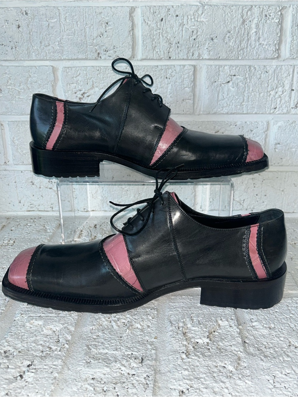 Mauri Mens Dress Shoes Leather Made In Italy Black Pink Square toe Size 10